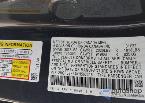 2022 Honda Civic Lx z USA, uszkodzony, nr VIN 2HGFE2F24NH567316